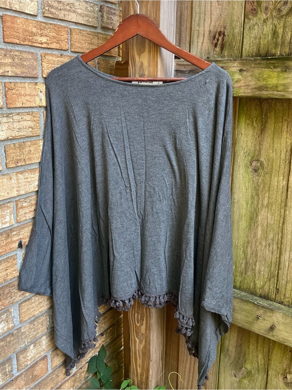 Three Bird Nest Charcoal Gray Poncho with Tassel Trim